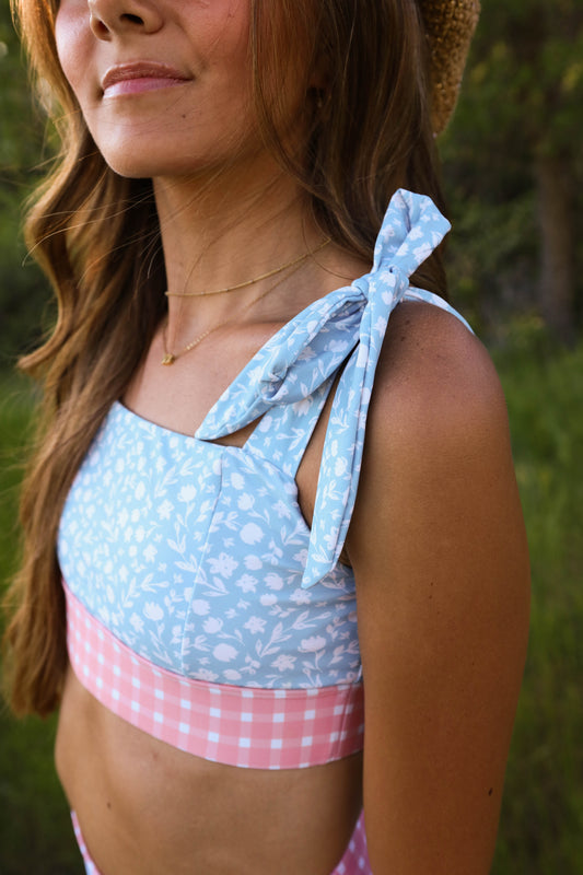 Tie Bikini Top - Adjustable Tie Straps and Bust Support in Coastal Floral